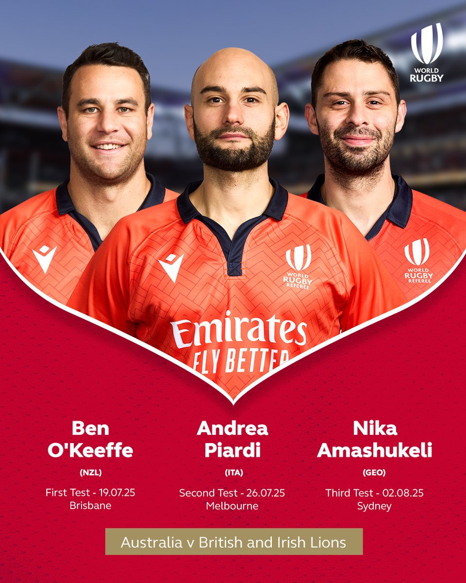 Meet the Officials 👋

Introducing the <a href="/emirates/">Emirates</a> Match Officials who have been appointed for the British and Irish Lions tour of Australia, and a busy window of July Internationals

🔗 world.rugby/news/999439/wo…
