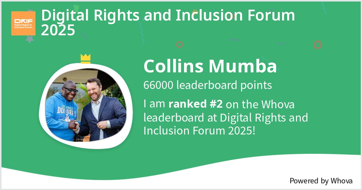 I ranked #2 on the Whova leaderboard at Digital Rights and Inclusion Forum 2025! <a href="/paradigmhq/">Paradigm Initiative (PIN)</a> #DRIF25 #DRIF - via #Whova event app
