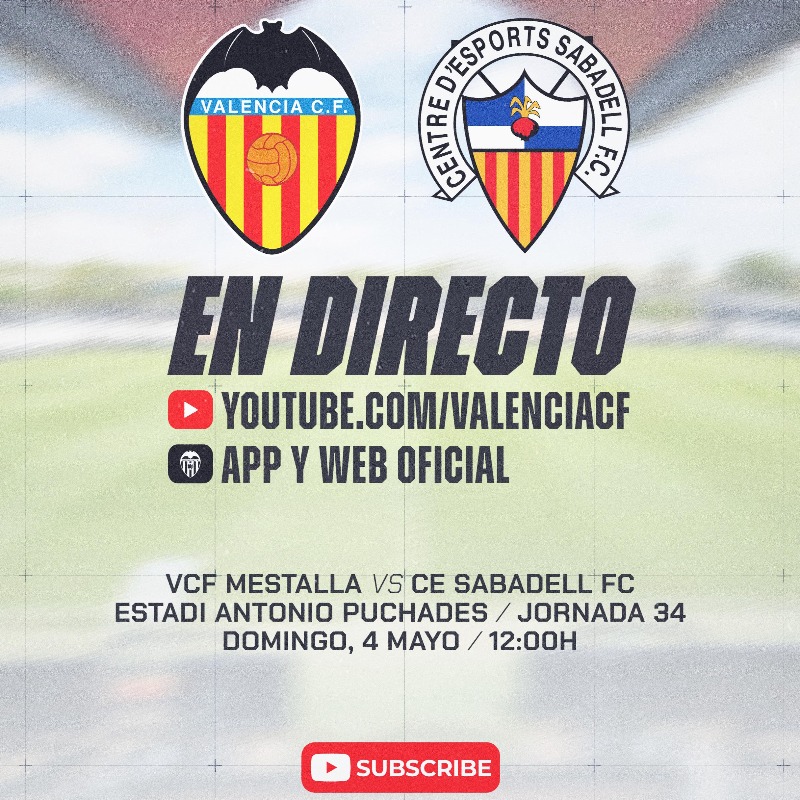 Academia_VCF's tweet photo. 🚨 El #VCFMestalla 🆚 @CESabadell podrá seguirse EN DIRECTO en VCF MEDIA ‼️

🗓️ Domingo 04.05 | 🕛 12:00 h

📺 https://t.co/hsQrcPsuYL
💻 App y web del @valenciacf
📻 VCF Media Radio

Vamos, #VCFMestalla ‼️