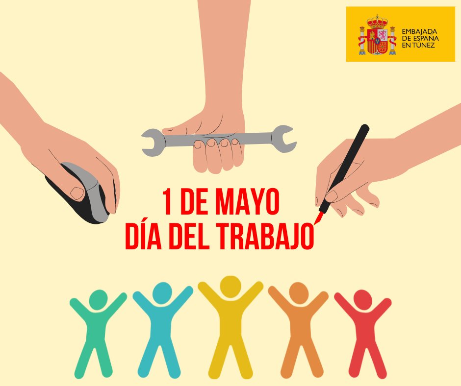 📅 Hoy, #1DeMayo , conmemoramos el #DíaDelTrabajo, una jornada dedicada a reconocer los derechos de los trabajadores.

Desde la <a href="/EmbEspTunez/">Embajada de España en Túnez / سفارة اسبانيا بتونس</a>  reafirmamos nuestro compromiso con los valores del #trabajo digno, la justicia social y la cooperación entre nuestros países 🇪🇸🤝🇹🇳.