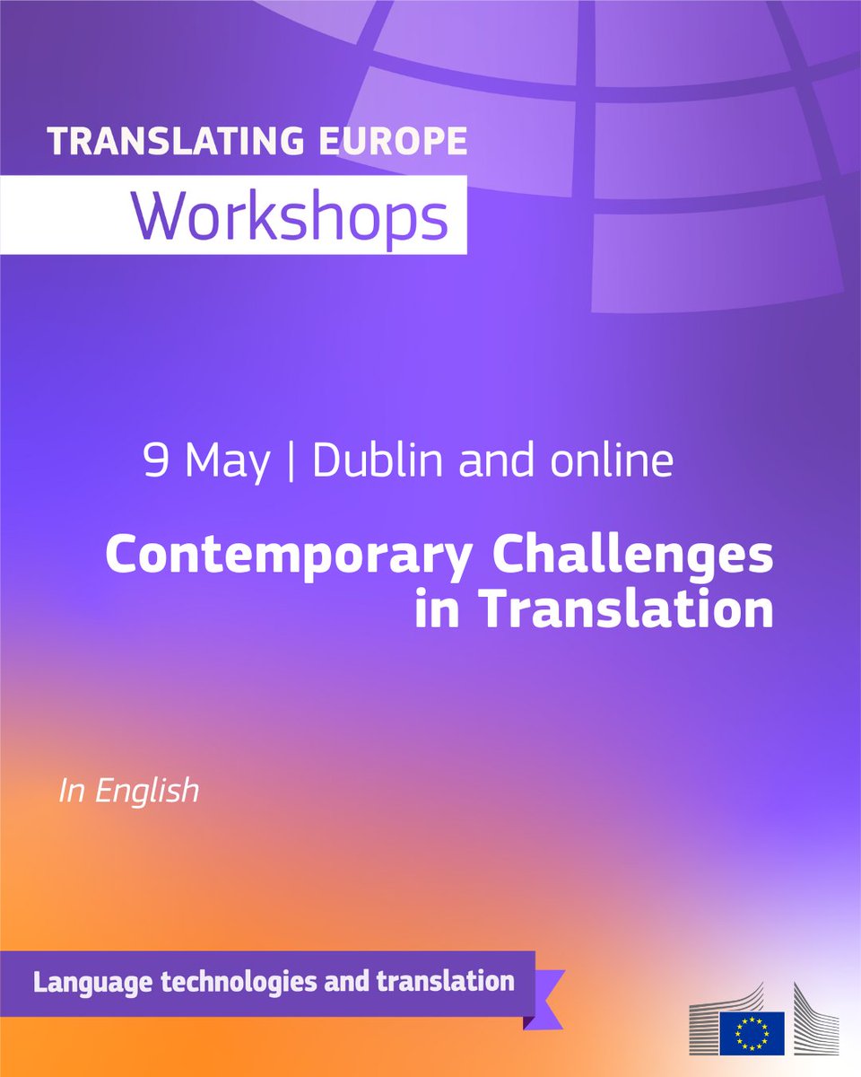 Translating for Europe (@translatores) on Twitter photo Join this #TranslatingEurope workshop focusing on challenges and opportunities in contemporary translation: innovation, growth, stability, AI, quality, accessibility and more.
📆 9 May, 14:00-17:30
📍 Dublin & online
🔗 bit.ly/4iIzWEW
#xl8
<a href="/EUIreland/">EU Ireland</a> Join this #TranslatingEurope workshop focusing on challenges and opportunities in contemporary translation: innovation, growth, stability, AI, quality, accessibility and more.
📆 9 May, 14:00-17:30
📍 Dublin & online
🔗 bit.ly/4iIzWEW
#xl8
<a href="/EUIreland/">EU Ireland</a>