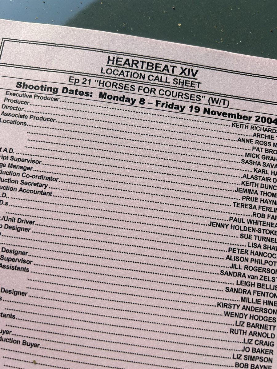 TvHeartbeat's tweet photo. For #ThrowbackThursday; from series 14, episode ‘Rustlers &amp; Hustlers’ - first broadcast 20 years ago today! I have a call sheet for this one and you’ll notice the title change, the reason being there was already an episode with the title ‘Horses for Courses’ #HeartbeatTrivia ❤️ https://t.co/Y8RMzK3Wy8