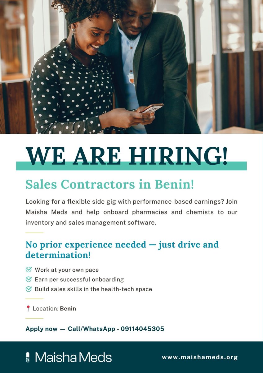 Aliskiss4's tweet photo. @wumi_michael We are Expanding!
Join MaishaMeds: Revolutionizing Healthcare in Nigeria &amp; Beyond!

About MaishaMeds:
MaishaMeds is a healthcare technology company empowering pharmacies and healthcare providers with innovative solutions for inventory management, sales tracking, and patient care. https://t.co/58ClNtfx6j