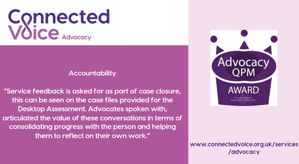 We are delighted to have been awarded the Quality Performance Mark (QPM) for a further 3 years. We'd like to share some feedback from the assessment. Delivering a quality service and seeing the positive impact it can make to people who use our service really matters to us.