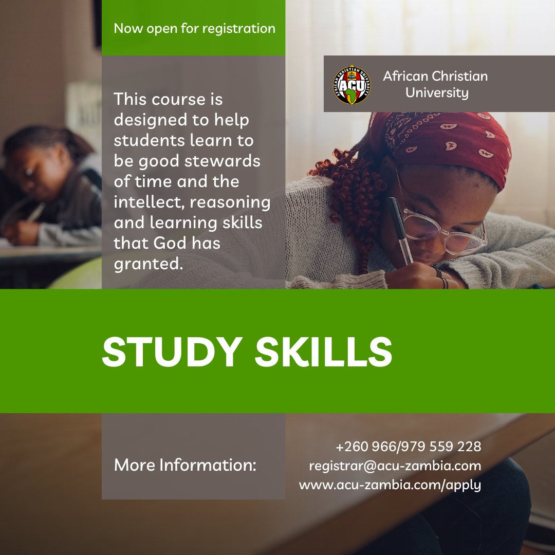 ACUZambia's tweet photo. At ACU, we desire for our students to develop strong, God-glorifying study habits. Learn how to study with excellence and honour Christ in your academic journey.

For more information, visit our website: https://t.co/lZyUmDCAEB https://t.co/uoBMpumS3f
