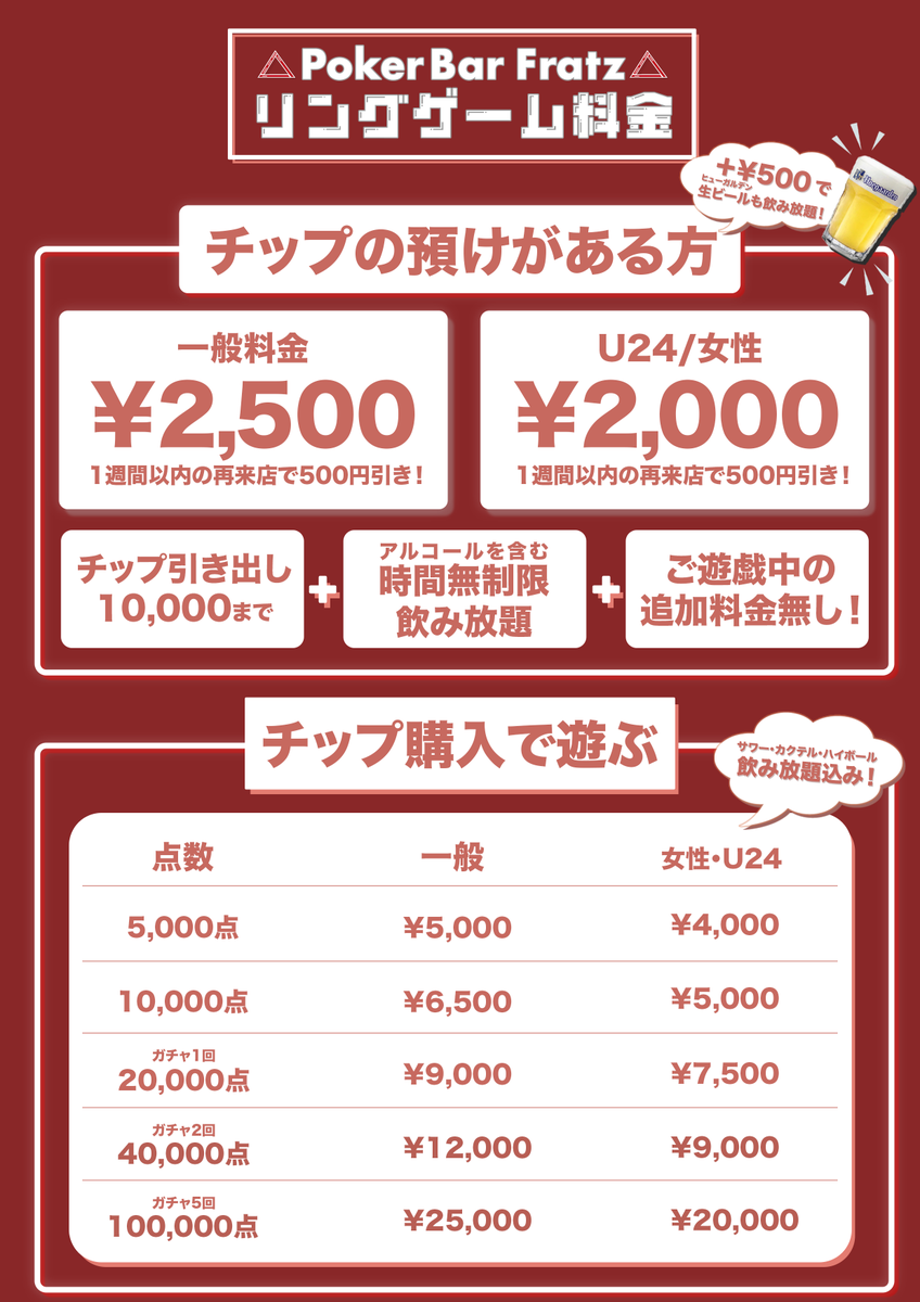 Fratz_Poker's tweet photo. ❖━━━━━━━━━━━❖
 ⚠️5月7日までの期間限定⚠️
   🚨定員に達し次第終了🚨
❖━━━━━━━━━━━❖

本投稿をリポストとご来店で #高田馬場 #Fratz のリングチップ100BB(¥6,000相当)をプレゼント！

チップはもちろん当日から使用可能💰
チップを預けたら最高にお得なアミュカジです！

※飲み放題料金¥2,500のみ頂戴しております。
※タイムチャージ、その他追加料金はございません。
※PokerWebCoin非対応 プレイマネーのリングゲームです。

----------------------------

合わせて...
◤◢◤◢◤◢◤◢◤◢◤◢◤◢
　SPADIE純増リング開催中！
◤◢◤◢◤◢◤◢◤◢◤◢◤◢

◇当日の1位と2位の方にSPADIEのメインイベント権利を1枚付与！！

フラッとお手軽なリングゲームでも大型大会目指しちゃってください✨

#SPADIE #高田馬場 #アミューズメントカジノ #リングゲーム  #ポーカー #新宿 #jopt