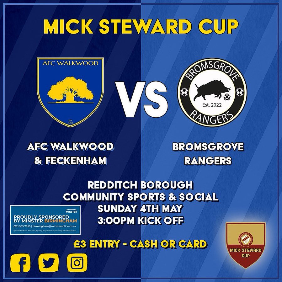 Next up on our Cup Final tour, we have the Mick Steward Cup on Sunday 4 May, 3pm kick off at @redditchboroughfc where @afcwalkwood v @bromsgroverangers - come and join us for a bank holiday drink in the sun #grassroots #cupfinal