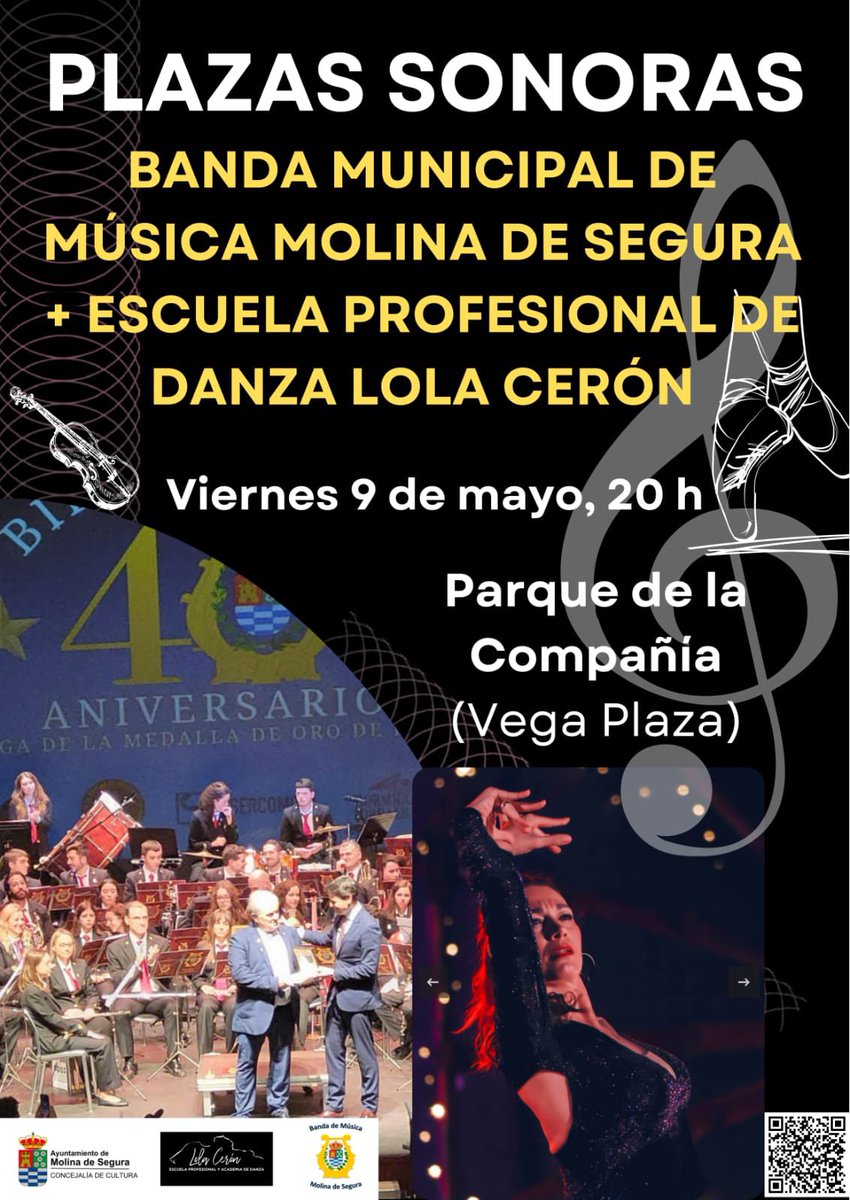 ¡No te pierdas el espectáculo único de “Plazas Sonoras”! La Banda Municipal de Molina de Segura se une a la Escuela Profesional de Danza Lola Cerón para ofrecer una experiencia inolvidable en el Parque de la Compañía el 9 de mayo a las 20:00 H. ¡Te esperamos!