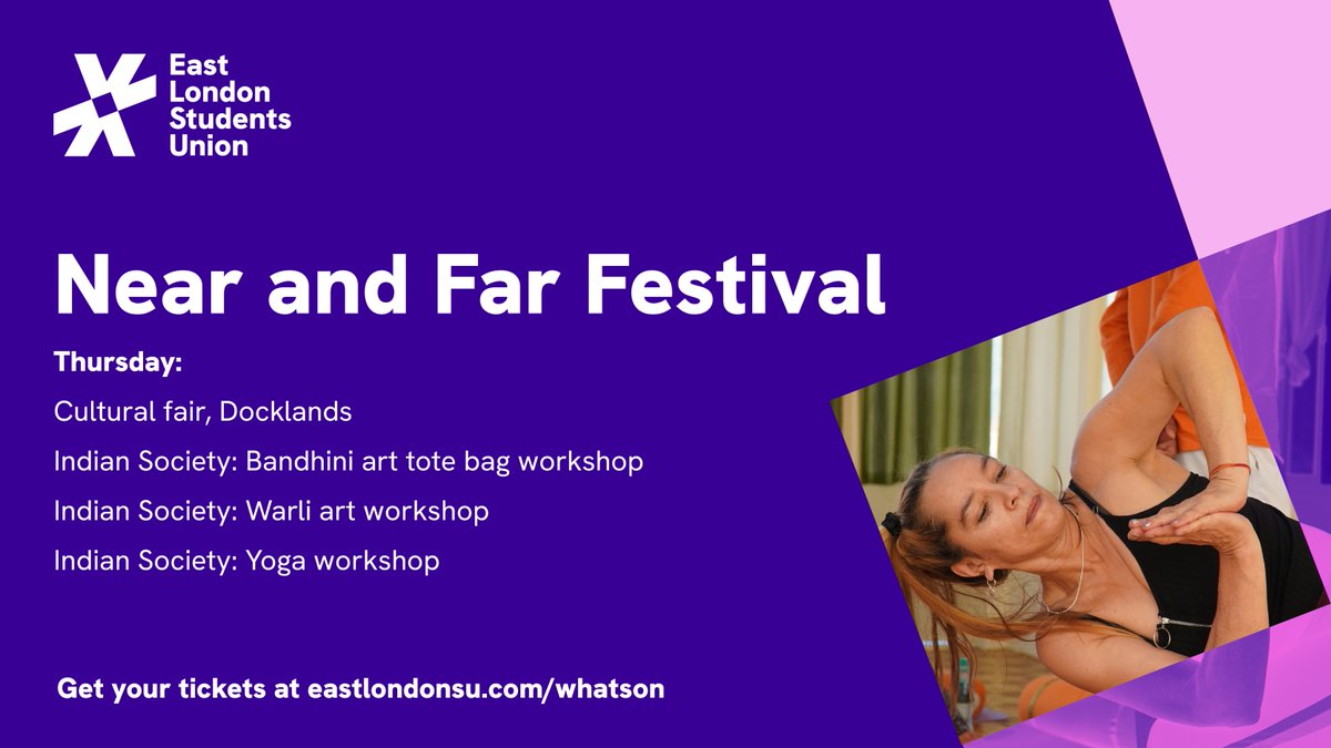 It's the final day of the Near and Far Festival and it's set to be a big one! 

After yesterday's amazing cultural showcase event, today we're bringing you the Docklands cultural fair, as well as plenty of workshops from the Indian Society.

Tickets at eastlondonsu.com/whatson 🎉