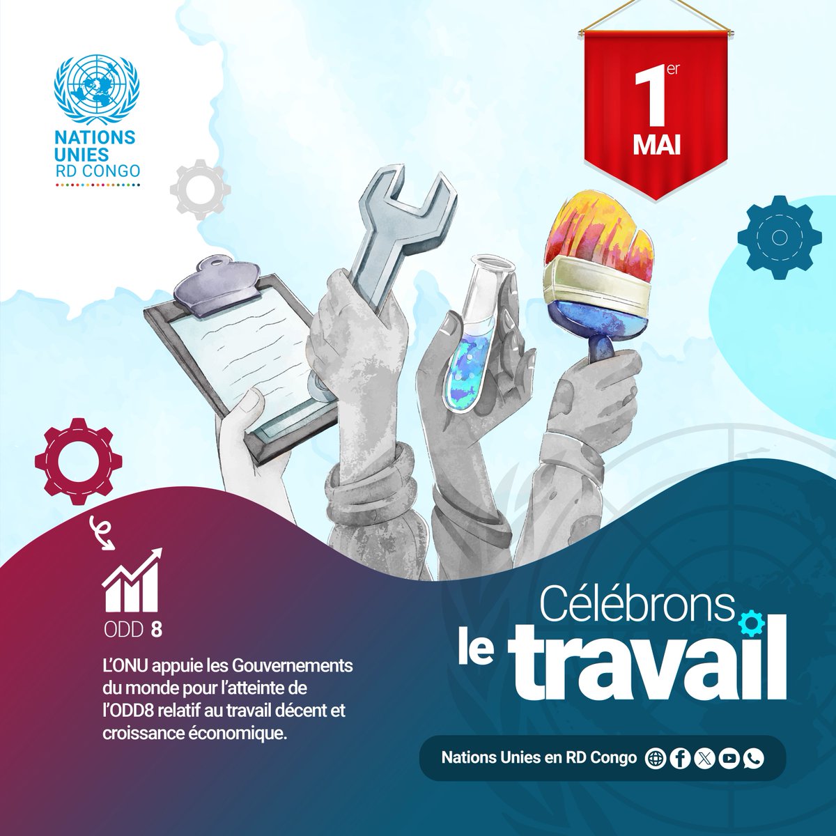 Nations Unies en RD Congo (@onurdcongo) on Twitter photo 📅1er Mai
Célébrons le travail !
Bonne fête du #Travail  !
⚙️⚙️⚙️⚙️⚙️
#LaborDay2025 #RDC 📅1er Mai
Célébrons le travail !
Bonne fête du #Travail  !
⚙️⚙️⚙️⚙️⚙️
#LaborDay2025 #RDC