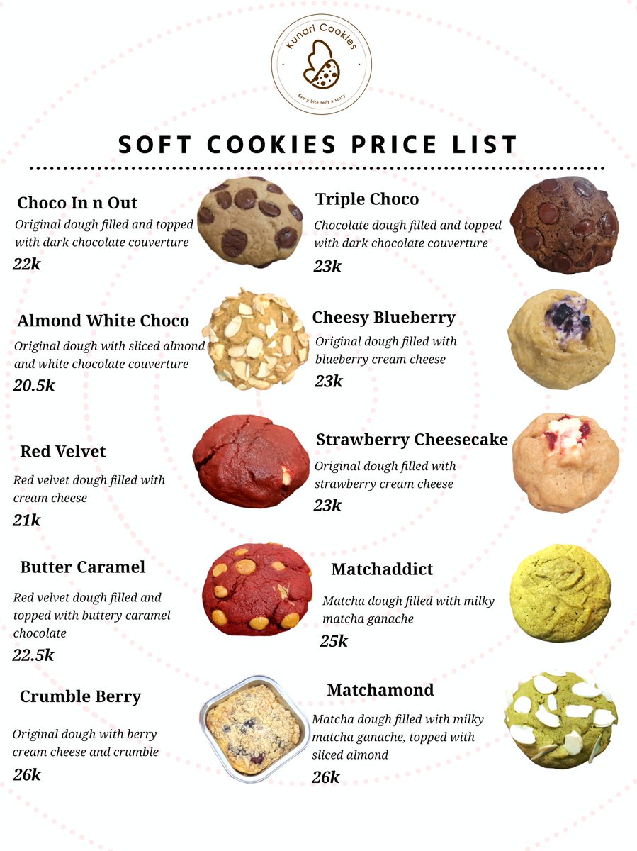 KunariCookies's tweet image. Halooo !! Disini admin Kunari juga mau ada sedikit update nihhh. Dikarenakan berbagai hal dan pertimbangan, ada sedikit perubahan pricelist ya untuk beberapa produk Kunari. Salah satunya di foto di bawah yaaa. Untuk pemesanan bisa setiap hari via dm atau WhatsApp ☝️😇