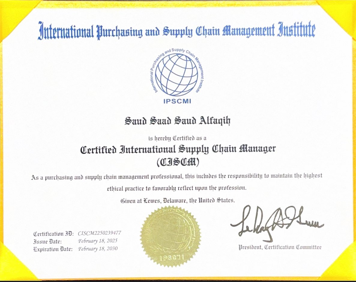 s_alf8eeh's tweet photo. I’m excited to share that I have earned the CISCP and CISCM certifications from IPSCMI 😍

This achievement marks an important milestone in my professional journey and enhances my knowledge in supply chain management .

#SupplyChain #SupplyChainManagement 
#CISCP #CISCM https://t.co/T6XQWO4CkJ