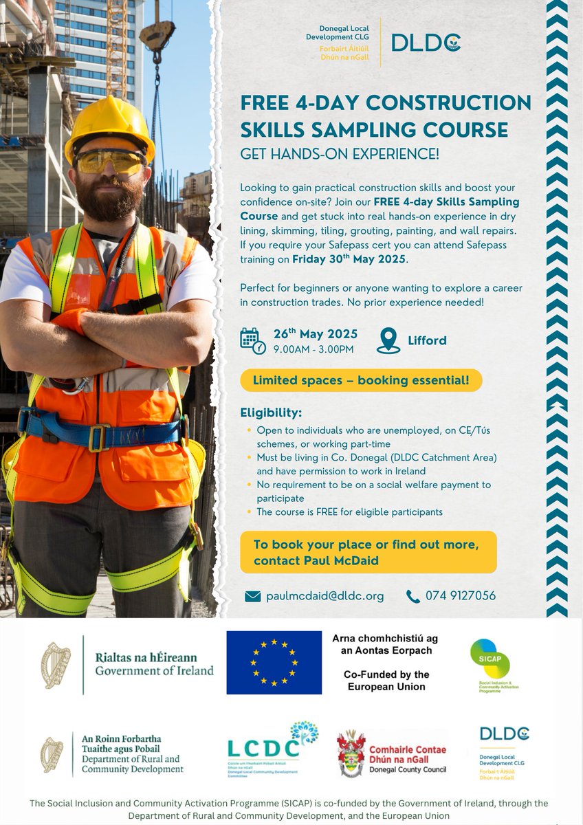 Want hands-on construction experience?
Join our FREE 4-Day Course in Lifford (26–30 May 2025)! Learn dry lining, skimming, tiling, painting &amp; more.
Safepass training included
No experience needed
Limited spaces – eligibility criteria apply
📩 paulmcdaid@dldc.org
📞 074 9127056