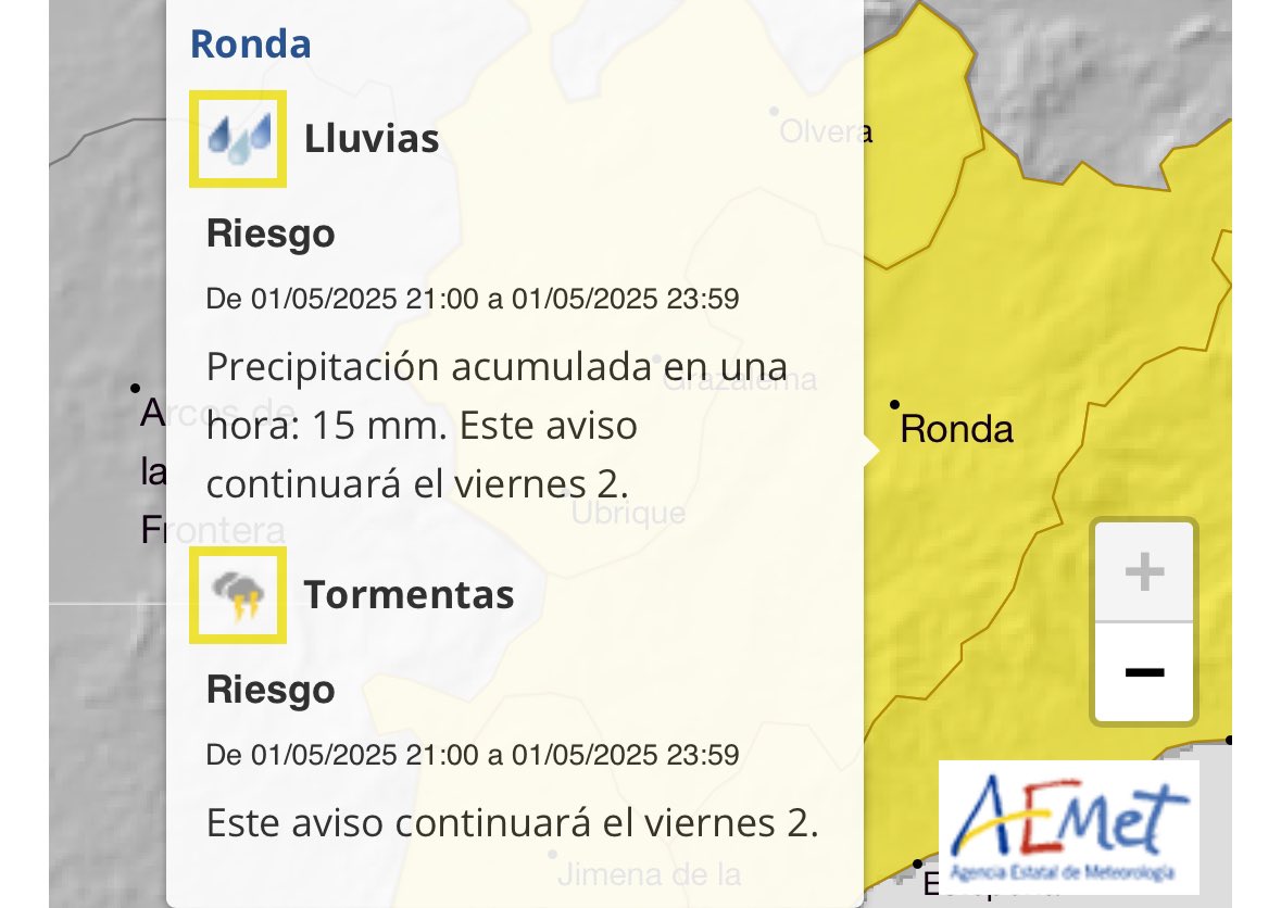 TiempoenRonda's tweet photo. ⚠️ACTIVADO AVISO AMARILLO ⚠️

La AEMET ha activado el Aviso Amarillo por lluvias y tormentas, para hoy desde las 21h hasta mañana martes 2 de mayo.

🌧️Precipitaciones de hasta 15l/h. y acompañada de tormentas.
#TiempoEnRonda https://t.co/gJzaz1Defj