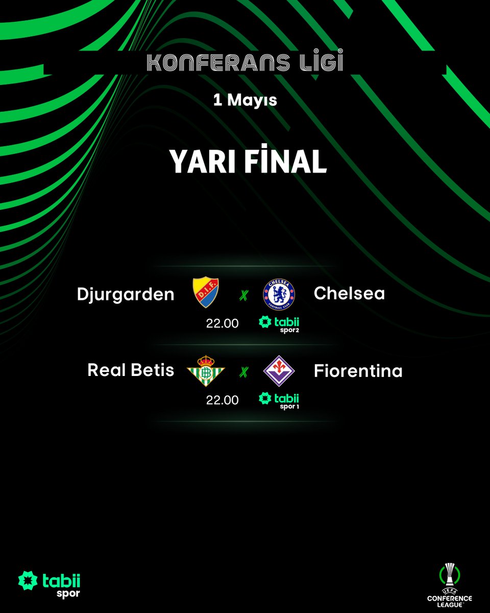 tabii spor (@tabiispor) on Twitter photo 🏆 UEFA Konferans Ligi yarı final maçları <a href="/tabiispor/">tabii spor</a>'da!
İşte Yarı Final Eşleşmeleri 👇
⚔️ Djurgarden - Chelsea
⏰ 22.00
📺 <a href="/tabiispor/">tabii spor</a> 2. kanal
⚔️ Real Betis - Fiorentina
⏰ 22.00
📺 <a href="/tabiispor/">tabii spor</a> 1. kanal 🏆 UEFA Konferans Ligi yarı final maçları <a href="/tabiispor/">tabii spor</a>'da!
İşte Yarı Final Eşleşmeleri 👇
⚔️ Djurgarden - Chelsea
⏰ 22.00
📺 <a href="/tabiispor/">tabii spor</a> 2. kanal
⚔️ Real Betis - Fiorentina
⏰ 22.00
📺 <a href="/tabiispor/">tabii spor</a> 1. kanal