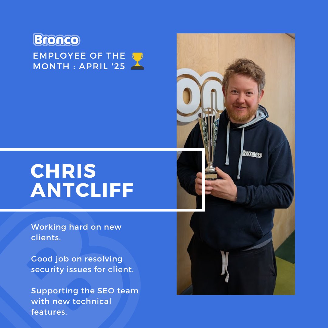 🥳 Congratulations to Chris for winning Employee of the Month for April! 🏆

Well done for being the most awesome!

#Bronco #TeamBronco #EmployeeOfTheMonth #MostAwesome #DigitalAgency #MarketingAgency