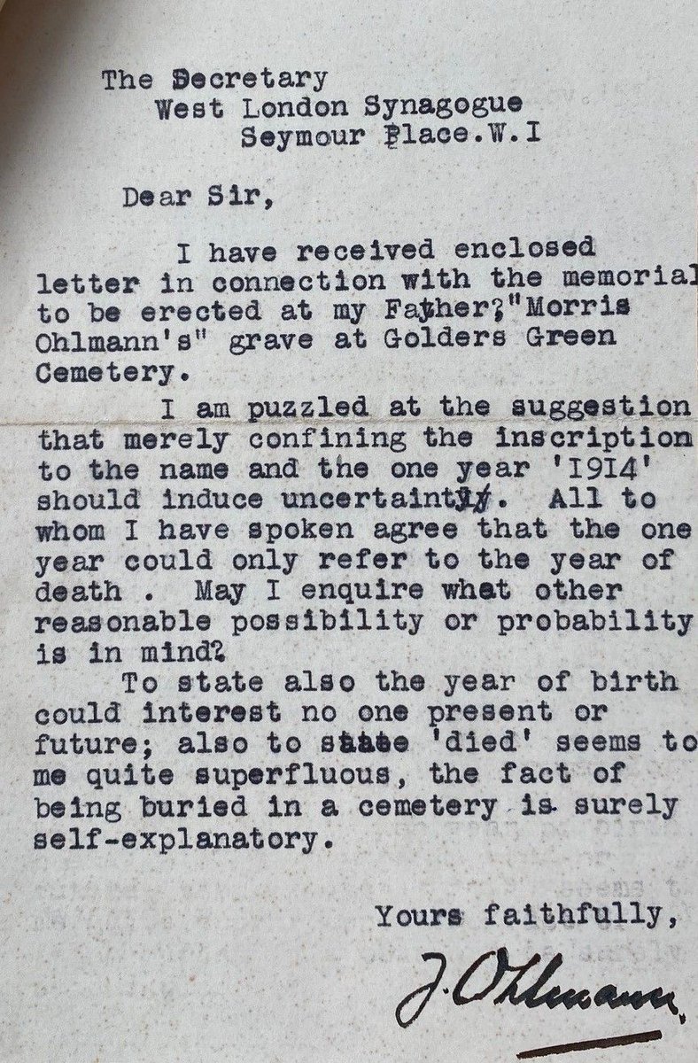 University of Southampton Special Collections (@hartleyspecialc) on Twitter photo "To state 'died' seems to me quiet superfluous, the fact of being buried in a cemetery is surely self-explanatory"
Correspondence between the Synagogue cemetery authorities & bereaved son re the level of detail necessary for his father's tombstone inscription 1955 <a href="/HistoryAtSoton/">University of Southampton History Department</a> "To state 'died' seems to me quiet superfluous, the fact of being buried in a cemetery is surely self-explanatory"
Correspondence between the Synagogue cemetery authorities & bereaved son re the level of detail necessary for his father's tombstone inscription 1955 <a href="/HistoryAtSoton/">University of Southampton History Department</a>