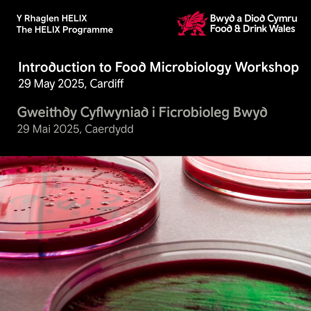 Ymunwch â ni ar y 29 Mai ar gyfer ein Gweithdy Cyflwyniad i Ficrobioleg Bwyd.

Yn y gweithdy hwn byddwn yn rhoi cyflwyniad sylfaenol i ficrobioleg a'i bwysigrwydd o fewn rheoli diogelwch bwyd i gynrychiolwyr.

📅Archebwch heddiw! eventbrite.co.uk/e/introduction…