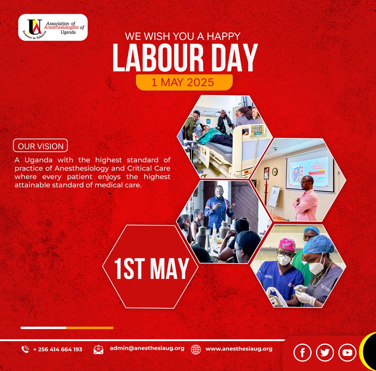 This Labor Day, we honour the dedicated professionals advancing anesthesiology and critical care across Uganda. At AAU, we envision a nation where every patient receives the highest attainable standard of medical care, driven by excellence, commitment, and care.
#LabourDay2025