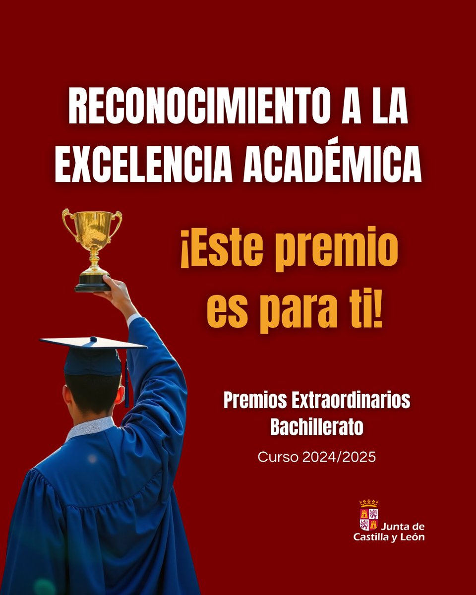 🎓 La Junta de Castilla y León convoca los Premios Extraordinarios de Bachillerato 24/25.

🏆 1.000 €, diploma y ventajas en matrícula próximo curso.
✔️ Nota ≥ 8,75 y estudios en CyL.

📅 Solicitudes: Hasta el 2 de junio de 2025.

💡 ¡Reconoce tu esfuerzo!

ℹ️ +INFO: