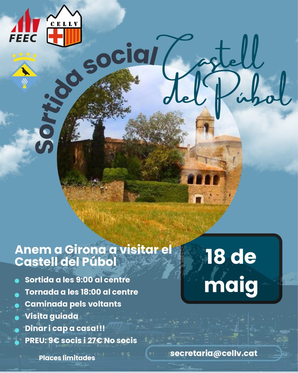 CELlinarsVallès (@cellinarsvalles) on Twitter photo Sortida Social.
🗓️Diumenge 18 de maig
📍Al Castell Gal·la Dalí de Púbol,
💲9€ socis 27€ no sòcies, inclou el desplaçament amb l’autocar el dinar i la visita guiada
✒️📧 secretaria@cellv.cat
Recordeu portar plat, got i coberts.
Les places limitades (aforament del museu) Sortida Social.
🗓️Diumenge 18 de maig
📍Al Castell Gal·la Dalí de Púbol,
💲9€ socis 27€ no sòcies, inclou el desplaçament amb l’autocar el dinar i la visita guiada
✒️📧 secretaria@cellv.cat
Recordeu portar plat, got i coberts.
Les places limitades (aforament del museu)