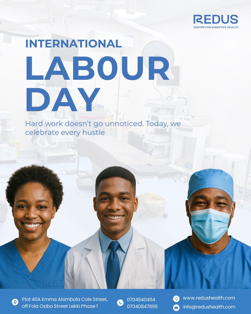 RedusHealth's tweet photo. Today, we honour the hands behind the healing.
Happy International Labour Day from all of us at Redus Health.

#LabourDay #RedusHealth #HealthcareWorkers #DigestiveHealth #LagosDoctors #WeCelebrateYou https://t.co/QU6sNZwmuc