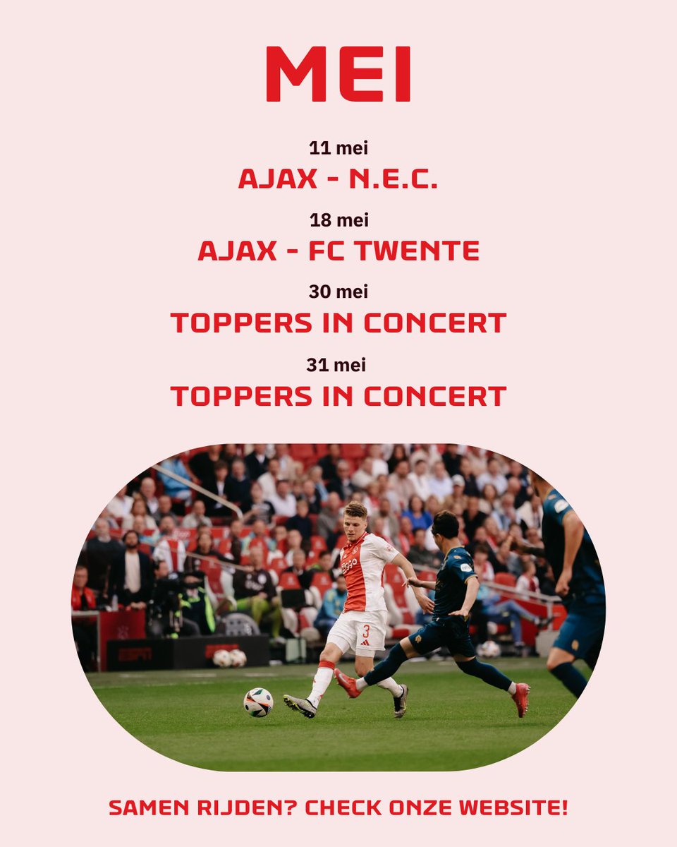 Ajax en De Toppers zorgen voor een maand vol actie en gezelligheid in mei! 🙌

Kom je met de auto naar een van deze events? Samen rijden is gezelliger, goedkoper en beter voor het milieu. Gebruik de widget op onze website! 🚗 #JohanCruijffArenA #Kalender #Mei
