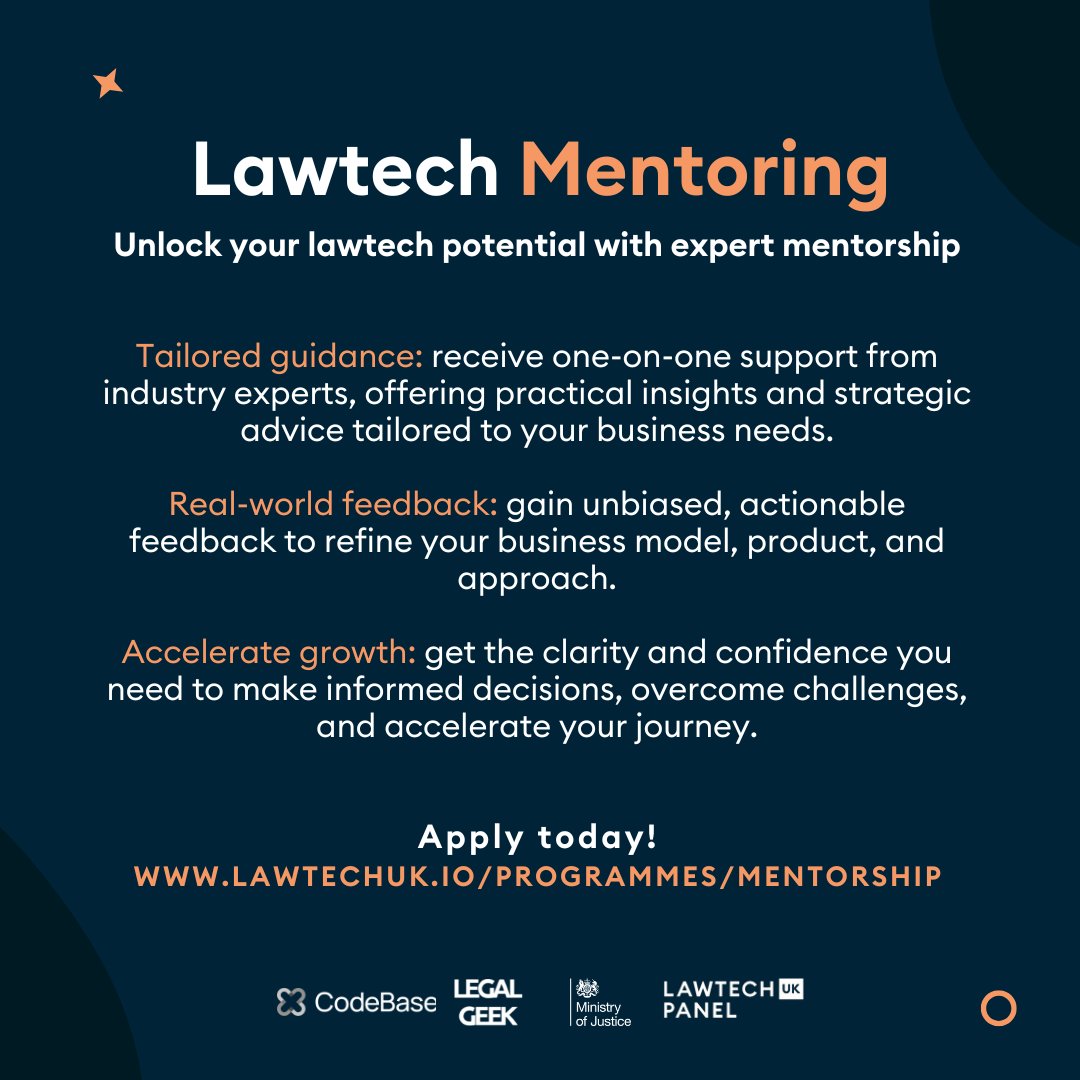 Our Mentoring programme is now open for applications!

Are you a #lawtech founder ready to take your business further? We'll matches you with an expert mentor who understands the challenges of building a lawtech venture.  Apply today: #https://lawtechuk.io/programmes/mentorship/