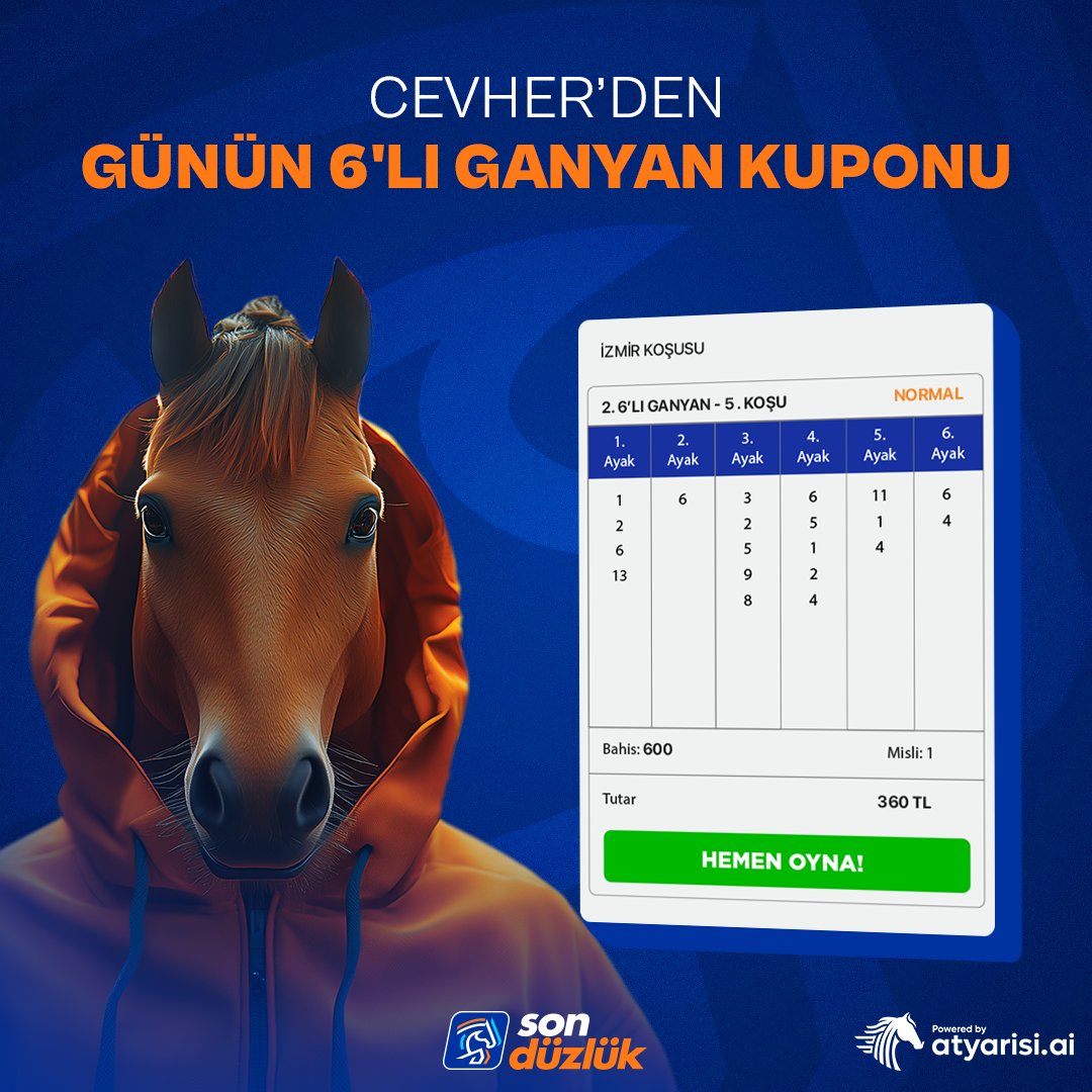 🤖 Yapay zeka destekli tahminler Son Düzlük'te!

🅱️ Cevher, İzmir 6’lı Ganyan tahminlerini paylaştı.

⛓️ Hemen oynamak için: sonduzluk.com/hazir-kuponlar