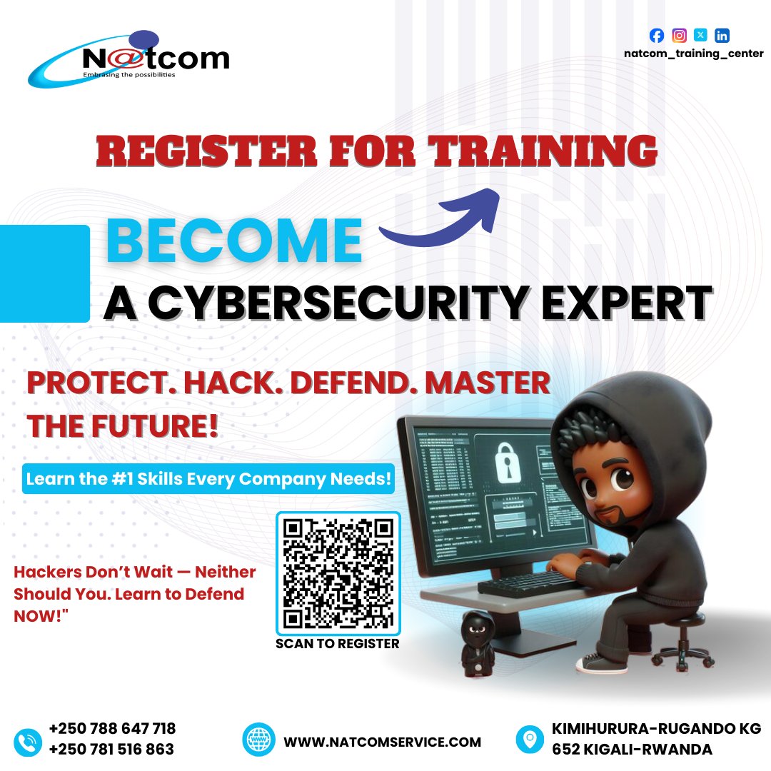 NatcomTCenter's tweet photo. 🚨 *Become a Certified Cybersecurity Expert!*  
🛡 *N@tcom Cybersecurity Program – Starts May 5, 2025*  
💥 *Hackers don’t wait — neither should you. Defend NOW!*  

👉 *Register here*: [https://t.co/oYSsOuPkvc) https://t.co/1ThUQWScEK