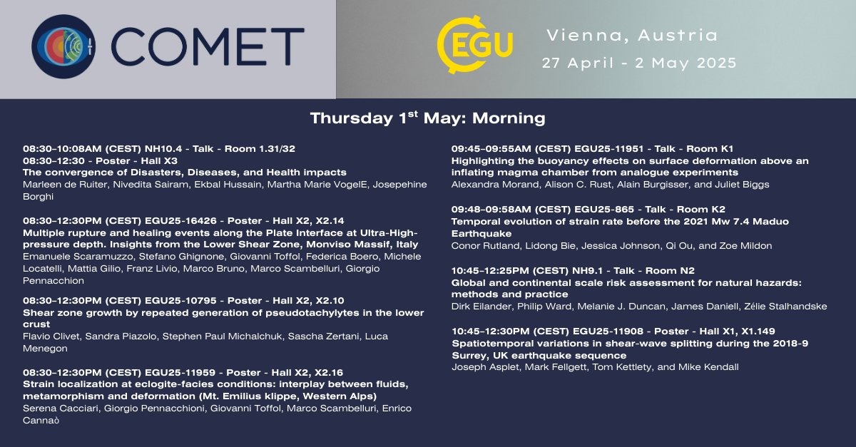 It's day 4 at @eurogeosciences (EGU) 2025 and the @comet_nerc_uk has another exciting day ahead! Below is the morning schedule -

You can check out the full #EGU25 programme on the EGU website egu25.eu