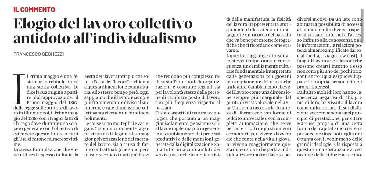 Perché l’individualismo non ha per forza l’ultima parola sul lavoro, come purtroppo spesso sembra. 

Ne ho scritto su <a href="/DomaniGiornale/">Domani</a> in occasione di questo #PrimoMaggio:

editorialedomani.it/idee/commenti/…