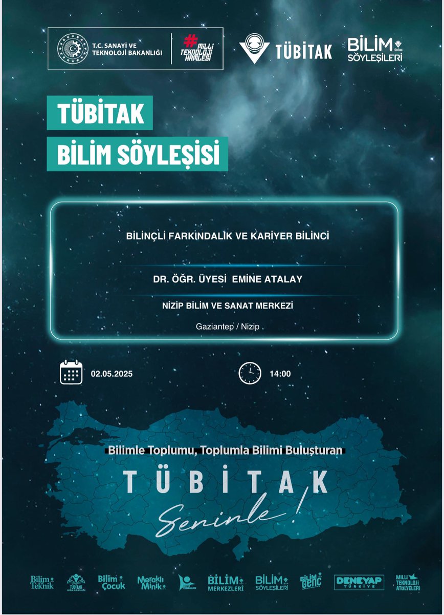 TÜBİTAK Bilim söyleşileri projesi kapsamında “Bilinçli farkındalık ve kariyer bilinci” seminerinde Doç.Dr. Emine Atalay konuğumuz olacaktır. 
Bekliyoruz…
<a href="/NizipilceMEM/">Nizip İlçe Milli Eğitim Müdürlüğü</a> 
<a href="/Gaziantep_MEM/">Gaziantep İl Millî Eğitim Müdürlüğü</a> 
@Cgnde 
<a href="/faithkurtt/">fatih kurt</a>