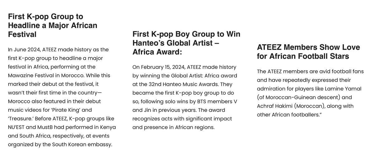ATEEZMAD's tweet photo. [📰] 10 Things to Know About K-pop Group ATEEZ

• First K-pop Boy Group to Win Hanteo’s Global Artist – Africa Award.

• First K-pop Group to Headline a Major African Festival.

• Public Desire to Tour Africa.

More : https://t.co/lp8AMqaV41

#ATEEZ #에이티즈 @ATEEZofficial https://t.co/yrd5MwDj1Q