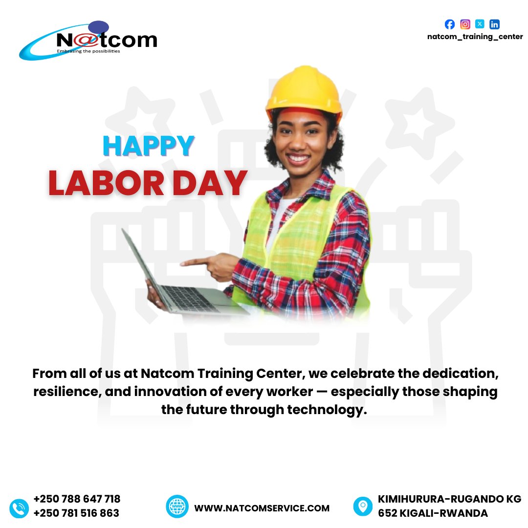NatcomTCenter's tweet photo. 🎉 Happy International Labour Day!
From all of us at Natcom Training Center, we celebrate the dedication, resilience, and innovation of every worker — especially those shaping the future through technology. 💼💻 https://t.co/yQe39dYBxC