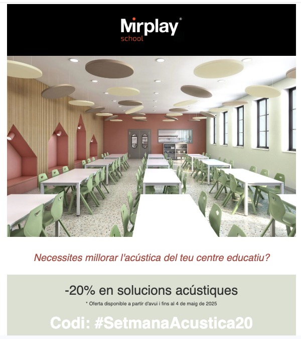 Noticias de acusticascolar
Para los que estéis con algún proyecto de mejora acústica de espacios educativos, os comparto una promoción de la que nos ha informado un centro que está en ello.