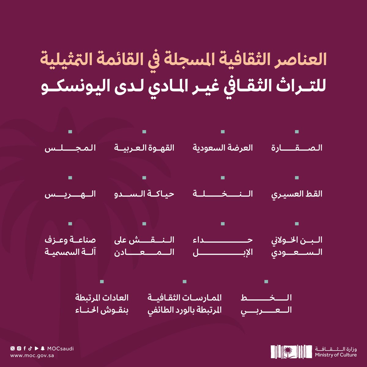 عناصر ثقافية متنوعة تعزز حضور المملكة على خارطة التراث الثقافي غير المادي.

#رؤية_السعودية_2030
#رؤية_أنت_أساسها
#وزارة_الثقافة