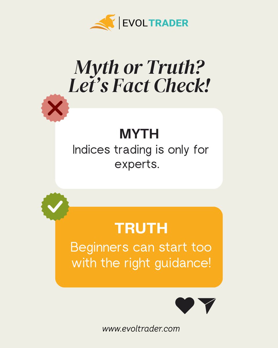 EvolTraders's tweet photo. ❌ Myth: Indices trading is only for experts.
 ✅ Truth: Beginners can start too — with the right guidance!
You don’t need to be a pro to get started.
 Let EvolTrader show you how 👉 https://t.co/wiq3hJh9Oq
#TradingMyths #EvolTrader #BeginnerTrading #IndexTrading #SmartInvesting https://t.co/miNKSkh8jj