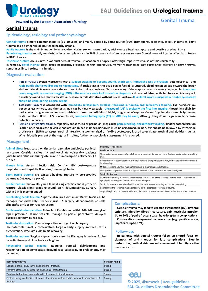 🆕 Cheat Sheet on Genital Trauma! 

Covers causes, diagnosis, and treatment of genital injuries in men and women—incl. penile fracture, testicular trauma, and female injuries. 

Download here:
uroweb.org/guidelines/uro…

#UroTrauma #EAuGuidelines
