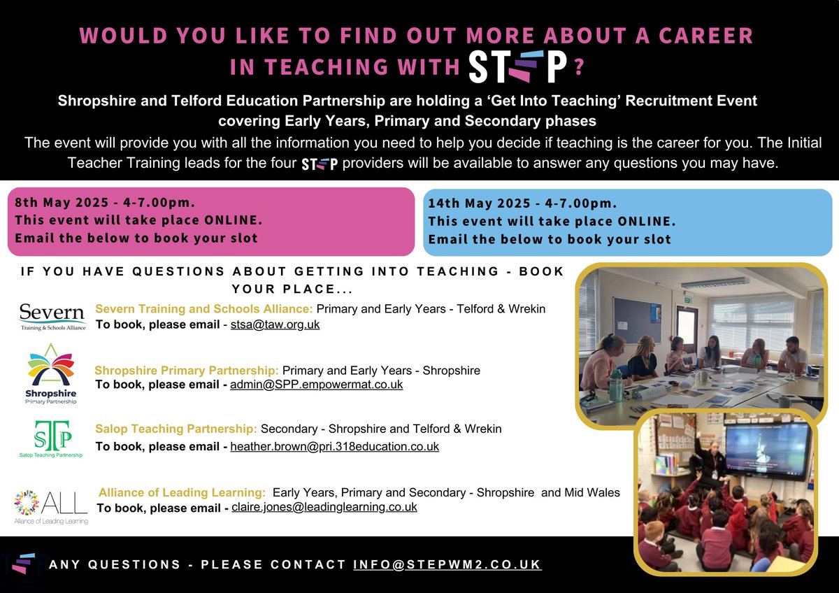 STEPhub1's tweet image. Are you ready to take your career to the next level? 
We&apos;re excited to invite you to our upcoming ONLINE ITT recruitment events
Why Attend?
Discover career opportunities for #GettingIntoTeaching
Connect with ITT experts from  @SalopSc @SevernTSA @ALLearning1 @_SPPartnership