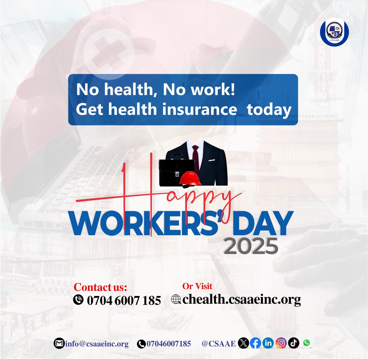 A Job Well Done Deserves Health Well Secured.

Protect your health as you protect your work. Register for health insurance today.

Visit chealth.csaaeinc.org/health-insuran… today to get started 

Happy Workers’ Day

#CHealth #healthinsurance #health #healthyliving #WHO #healthybody #CSAAE