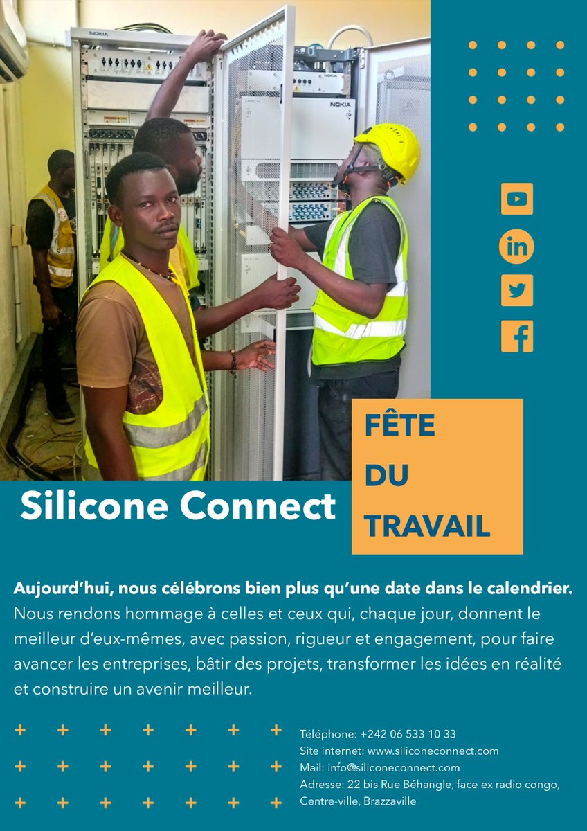 Techniciens, cadres, artisans, agents de terrain… vous êtes les piliers de notre société.
Chez Silicone Connect, on croit à la force du collectif et on vous dit MERCI.
Bonne fête du travail à toutes et à tous !

#1erMai #Travail #Merci #ChezMoiAuCongo