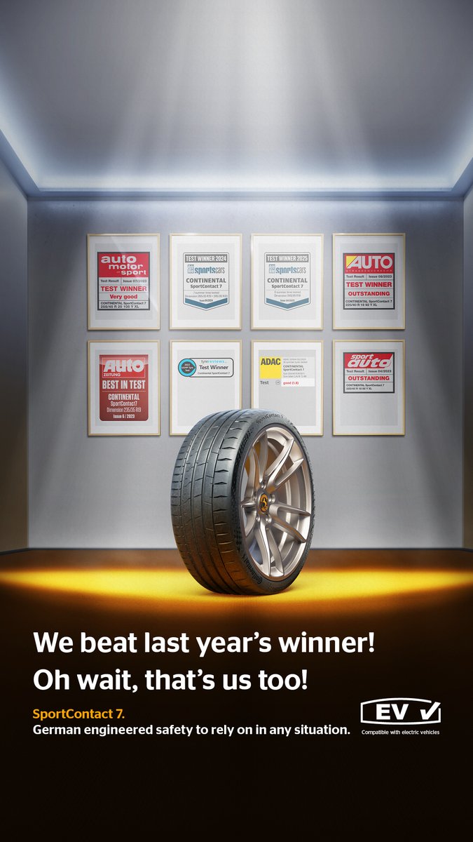GTCtyres's tweet photo. Unbeatable for Three Years Running! 🏆 
Once again, the @contiuk SportContact 7 proves its excellence - securing the top spot in 2023, 2024, and now 2025 tyre tests!  
 
Who’s ready to hit the road with the best? 🚗💨 https://t.co/18FkQJOwnY