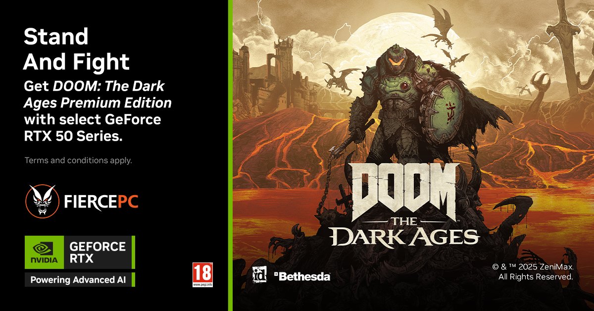 Step into the blood-stained boots of the DOOM Slayer in DOOM: The Dark Ages. Get DOOM: The Dark Ages Premium Edition with Select GeForce RTX 50 Series products at Fierce PC 🔗fiercepc.co.uk/nvidia-doom-da…