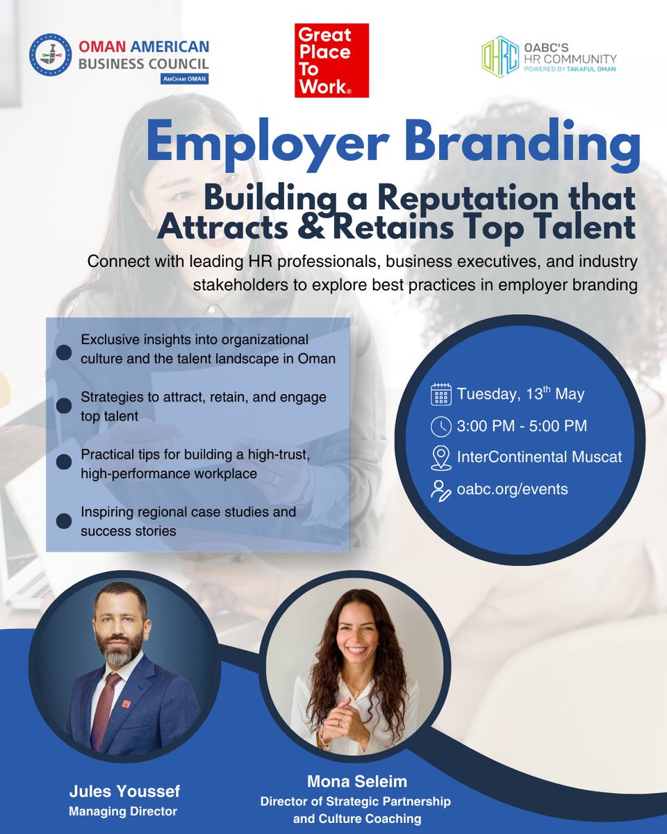 amchamoman's tweet photo. We’re inviting our HR community to join us as we dive into the topic of employer branding and what it really means to build a workplace people want to be part of. https://t.co/4w69dxcNkA
