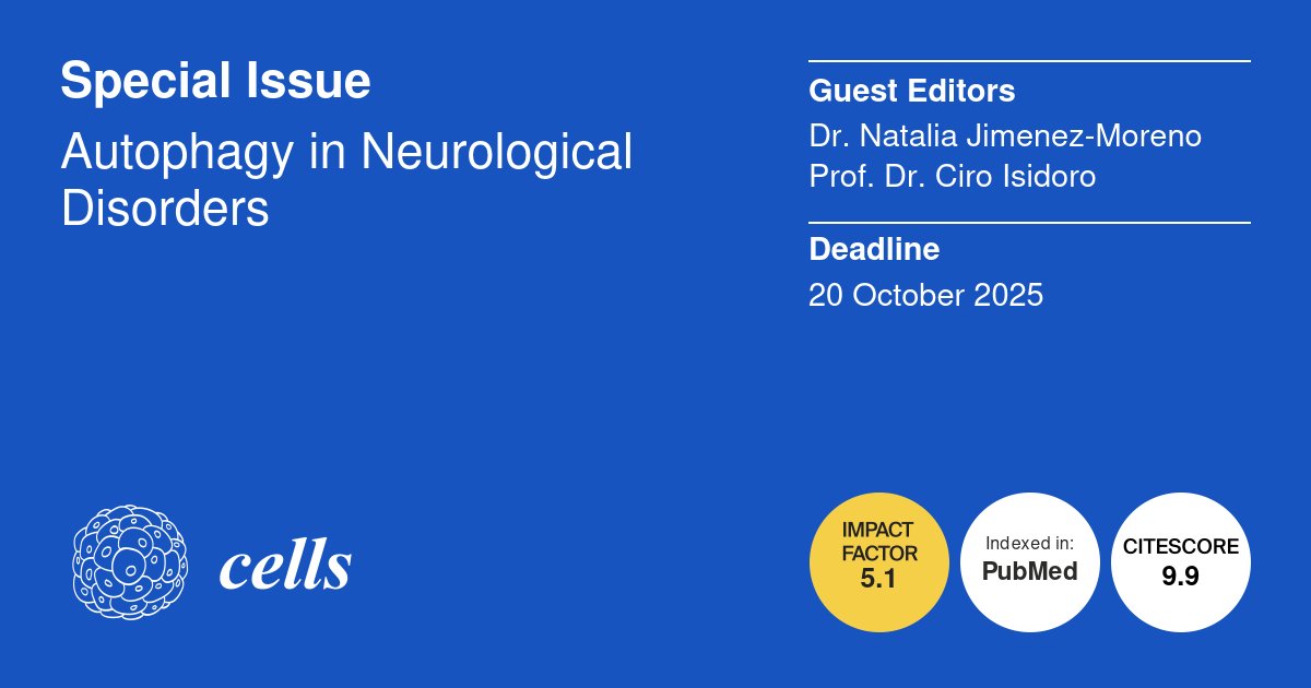 Natalia Jimenez Moreno, PhD (@drjimenezmoreno) on Twitter photo Check out the new Special Issue from <a href="/Cells_MDPI/">Cells MDPI</a>: Autophagy in Neurological Disorders. Submit your manuscript before the 20th of October :) #autophagy
mdpi.com/journal/cells/… Check out the new Special Issue from <a href="/Cells_MDPI/">Cells MDPI</a>: Autophagy in Neurological Disorders. Submit your manuscript before the 20th of October :) #autophagy
mdpi.com/journal/cells/…
