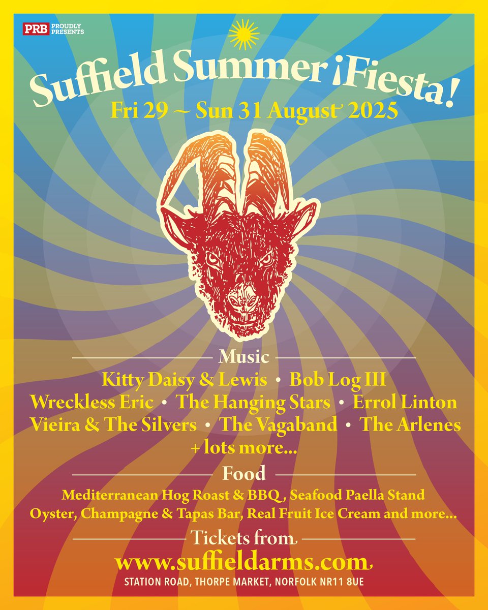 Just a short train ride away! Kitty, Daisy &amp; Lewis headline The Suffield Arms Summer Fiesta - Friday 29th ~ Sunday 31st August 2025 … 
bit.ly/suffiesta #Norfolk