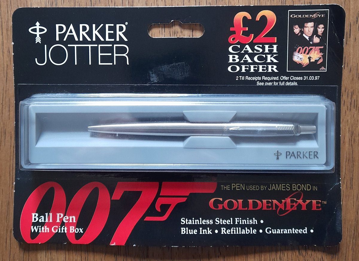 From the Movies In Focus archives...
An original tie-in Parker pen for Pierce Brosnan's first James Bond film, Goldeneye. 
This is unopened - so I'm not sure if it will explode after 3 clicks. Only Q Branch &amp; 007 will be able to tell me that!