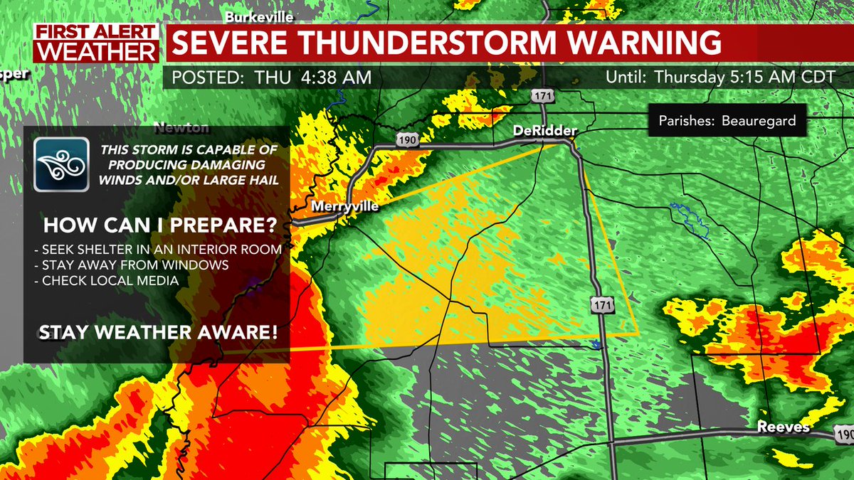 A Severe Thunderstorm Warning has been issued for the highlighted area until May 01 5:15AM CDT. View the image below for more details. Stay tuned to social media and the KALB Weather App for additional information.