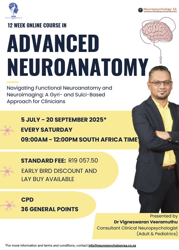 CPDPsychList's tweet image.
Join this world-class learning experience in functional neuroanatomy!
By expert Dr. Vigneswaran Veeramuthu. An intensive 12-week online course for those eager to deepen their understanding of the brain. Email: tanya@neuropsychologysa.co.za Register: forms.gle/YWq67XvK3YFdGT…